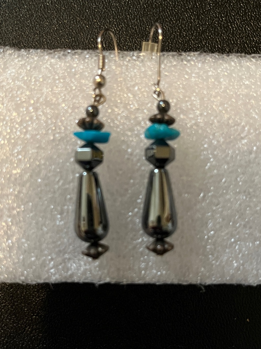 Turquoise and Hematite Teardrop Dangle Earrings - Unbranded